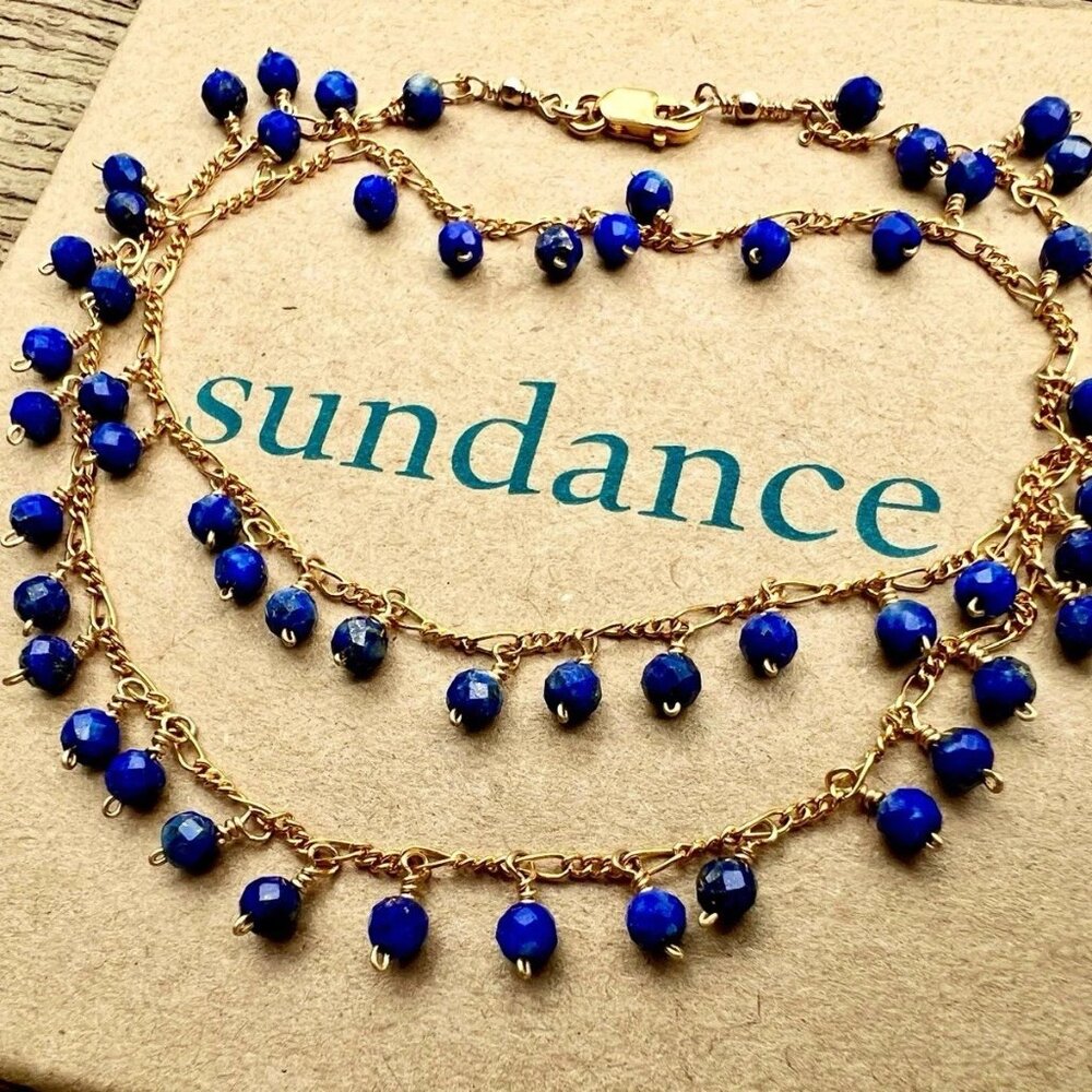 SUNDANCE $338 NEW 16-3/4" 14k Gold GF Blue LAPIS Handmade Beaded Dangle Necklace